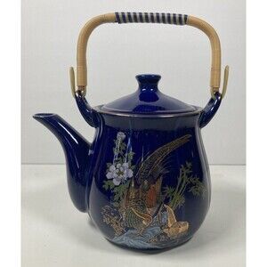 Blue Ceramic Gold Peacock Japanese Teapot - Vintage - EUC